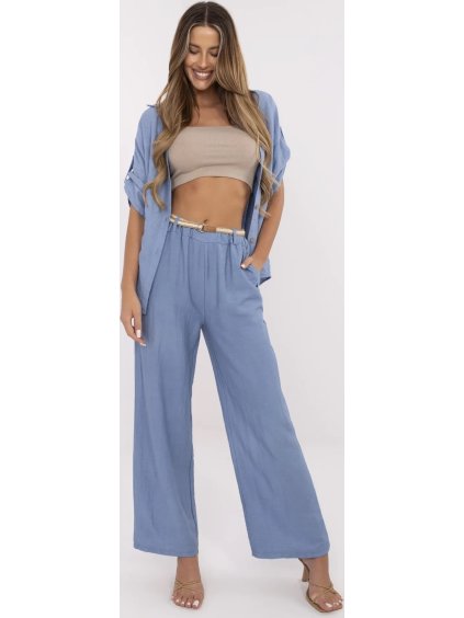 Modré dámské letní viskózové kalhoty s pleteným páskem