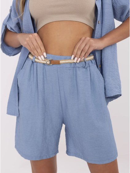 Modré dámské letní viskózové kraťasy s pleteným páskem