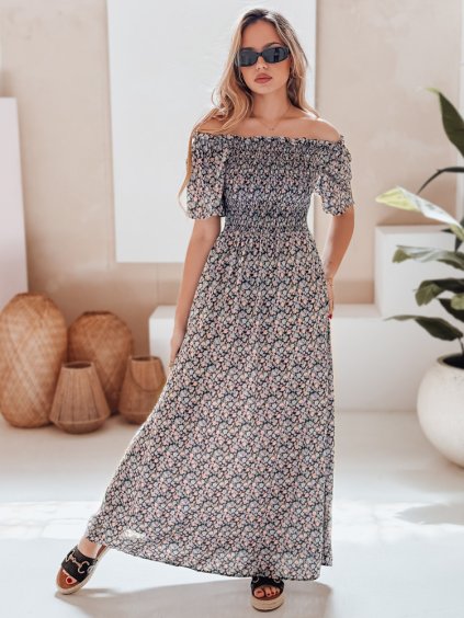 Bavlněné maxi šaty s modrým květinovým potiskem LOVEFLORA (Velikost S/M)