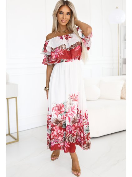 Květované dámské maxi šaty s volánem a odhalenými rameny