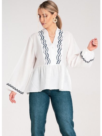 Bílá dámská viskózová halenka s dlouhými volnými rukávy