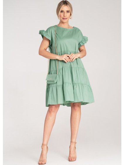 Světle zelené bavlněné mini šaty s volány na rukávech a kabelkou na zlatém řetízku
