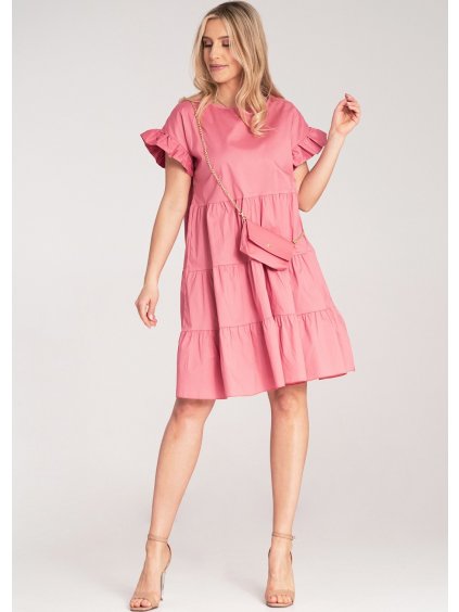 Růžové bavlněné mini šaty s volány na rukávech a kabelkou na zlatém řetízku