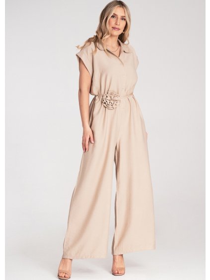Béžový dámský viskózový overal s tenkým páskem s květinou