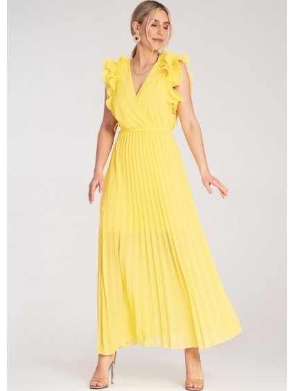 Žluté maxi šaty s výstřihem do V a ozdobnými volánky na ramenou