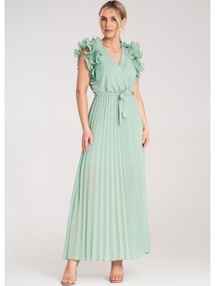 Mátové maxi šaty s výstřihem do V a ozdobnými volánky na ramenou