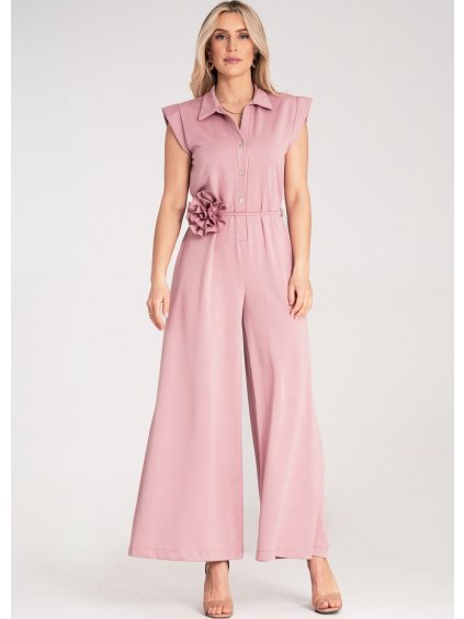 Růžový dámský viskózový overal s páskem s ozdobnou květinou