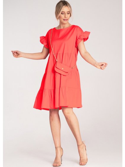 Červené bavlněné mini šaty s volány na rukávech a kabelkou na zlatém řetízku