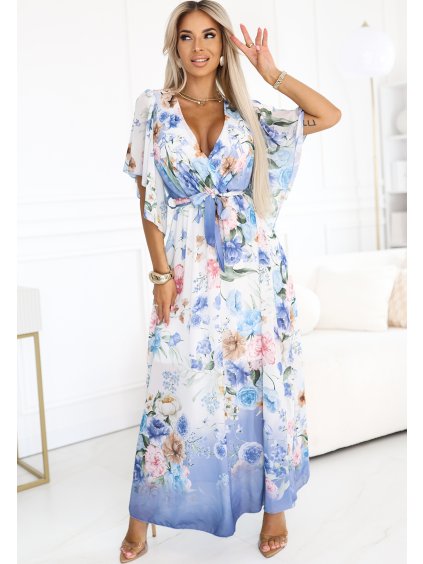 Bílo-modré vzdušné maxi šaty s výstřihem do V a květinovým vzorem