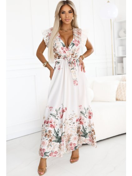 Smetanové saténové maxi šaty s hlubokým výstřihem a květinovým vzorem