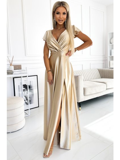 (Vel. XS) Zlaté lesklé maxi šaty s výstřihem CRYSTAL