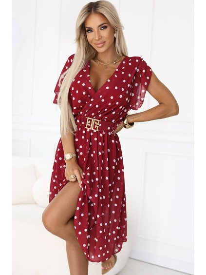 Vínové puntíkované šaty se zavinovacím výstřihem