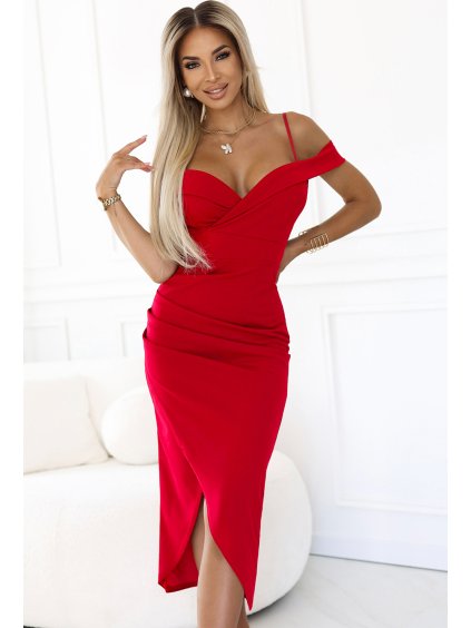 Červené dámské šaty s odhalenými rameny a výstřihem CALLIE