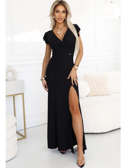 Oslnivé dlouhé černé šaty IRINA s třpytkami a rozparkem