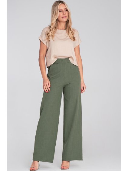 Olivově zelené dámské široké kalhoty s elastickým pasem
