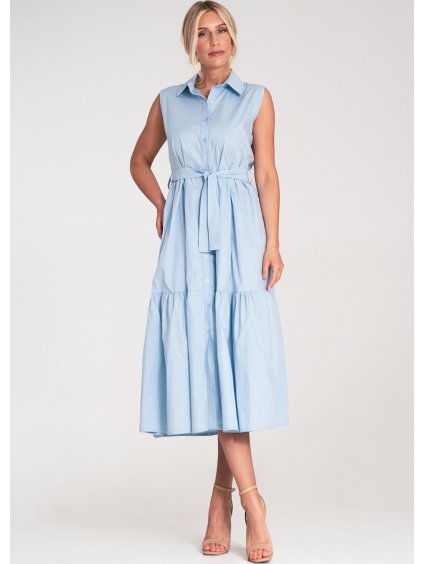 Světle modré dámské košilové šaty áčkového střihu s límečkem