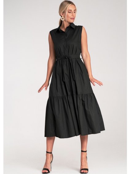 Černé dámské košilové šaty áčkového střihu s límečkem