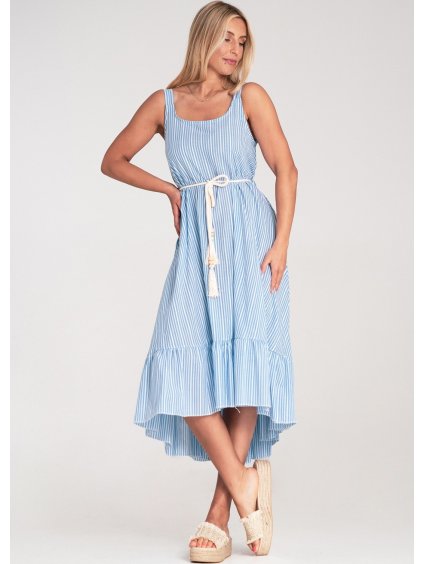 Dámské světle modré bavlněné šaty s proužky a třásněmi