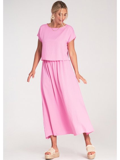 Růžová dámská viskózová souprava volné halenky a sukně s elastickým pasem