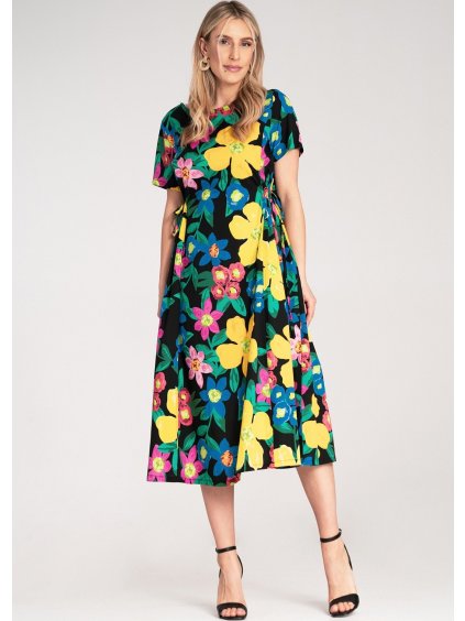 Tmavě modré midi šaty se stahovacími šňůrkami a květinovým potiskem