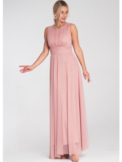 Růžové tylové maxi šaty se zavazováním v pase
