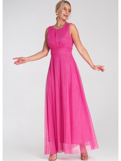 Tmavě růžové tylové maxi šaty se zavazováním v pase