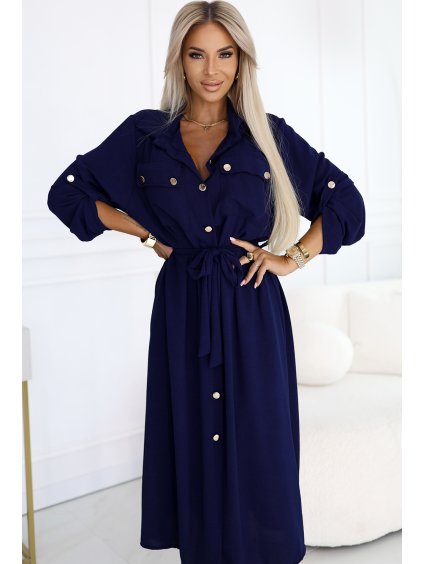 Tmavě modré košilové midi šaty s vázáním v pase