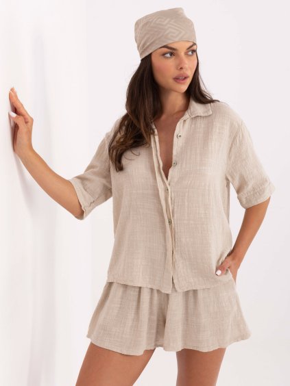 Béžový bavlněný letní komplet košile a šortek
