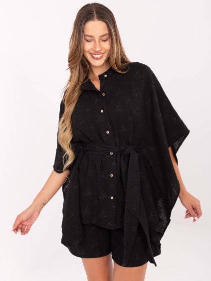 Černý letní dámský komplet s kimonovou košilí a kraťasy