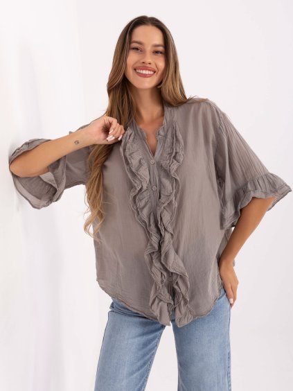 Tmavě béžová dámská bavlněná košile s volány a 3/4 rukávy