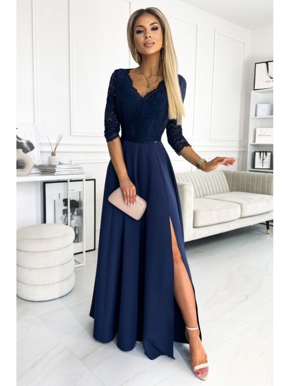 (Vel. 2XL) Elegantní modré krajkové dlouhé šaty s výstřihem ELISA (Velikost 2XL)