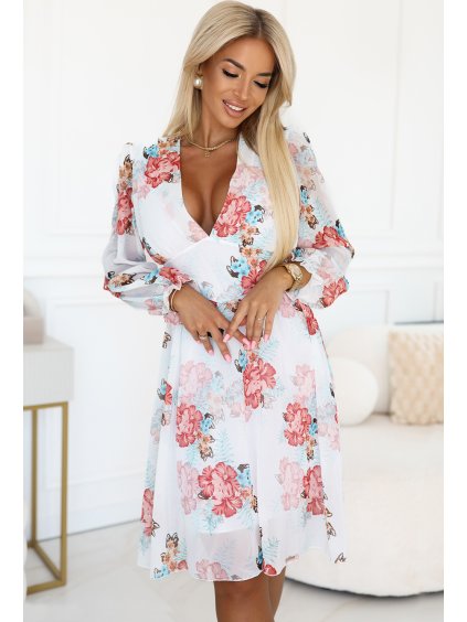 Bílé květované šifónové šaty s výstřihem DOLORES