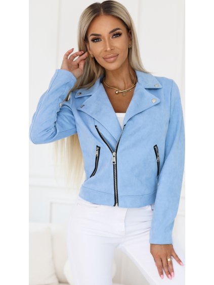 Semišová světle modrá bundička s dlouhým rukávem a zipy RAMIA