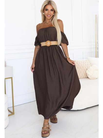 Čokoládově hnědé boho maxi šaty s odhalenými rameny a pleteným páskem