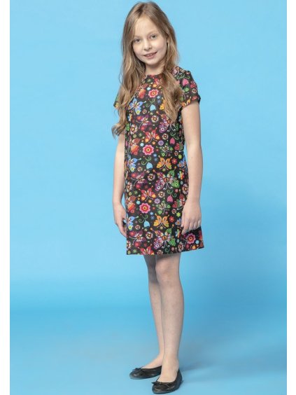 Černé dívčí jednoduché šaty máma a dcera s barevným vzorem (Rozmiar 86)