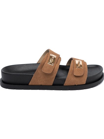 Světle hnědé dámské nazouváky se zlatými prvky