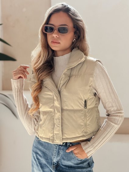 Béžová dámská krátká prošívaná vesta s vysokým límcem