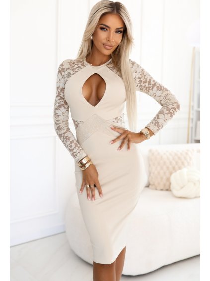 Smetanové elegantní koktejlové šaty s krajkovými rukávy a výstřihem