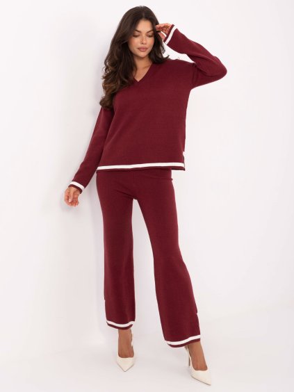 Vínový dámský pletený set s kontrastním lemováním
