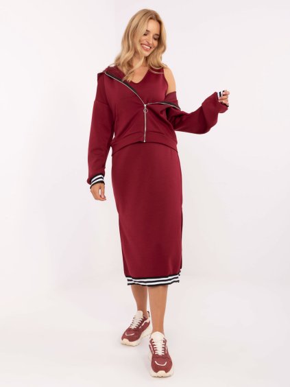 Vínová dámská viskózová dvoudílná souprava s ozdobnými manžetami