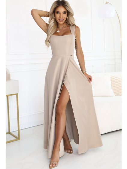 Béžové třpytivé maxi šaty s rozparkem