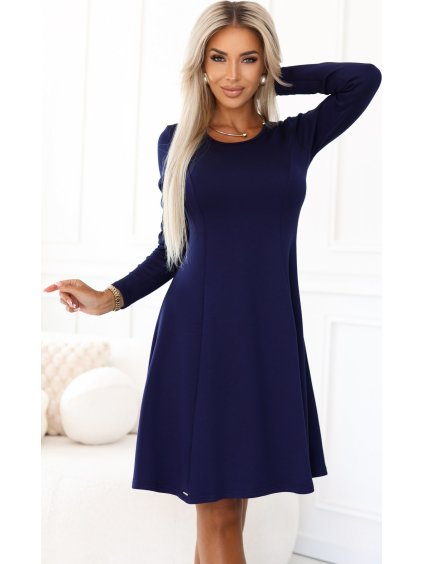 Tmavě modré pohodlné trapézové šaty s dlouhým rukávem