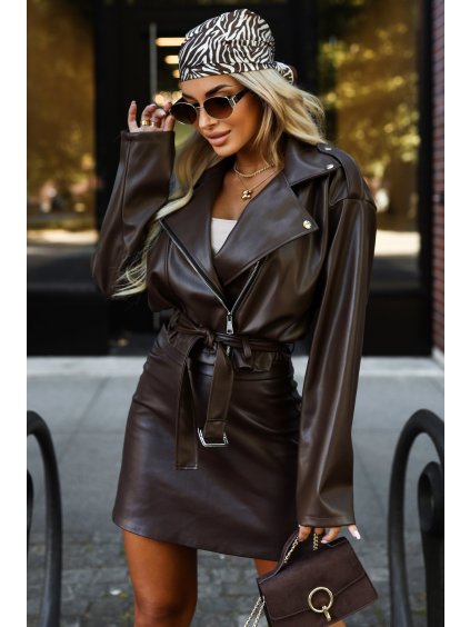 Tmavě hnědá dámská koženková bunda