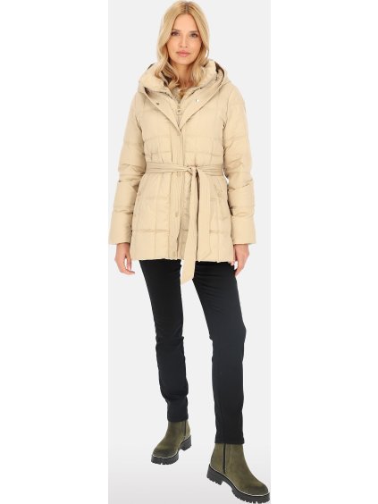 Světle béžová dámská krátká péřová bunda s kapucí a zavazováním