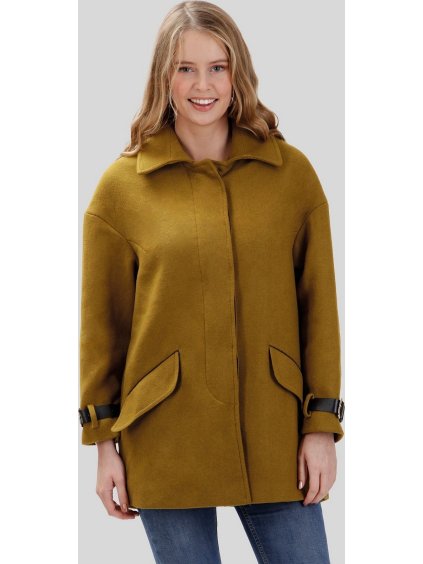 Hořčicový dámský vlněný kabát s ozdobnými kontrastním lemováním