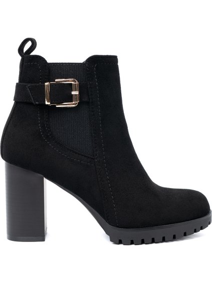 Černé dámské kotníkové boty na sloupku s ozdobnou sponou, podpatek 8,5 cm