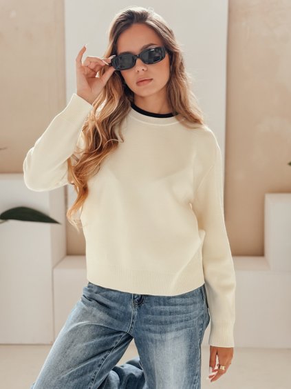 Smetanový dámský svetr s kontrastním lemem DARMILA