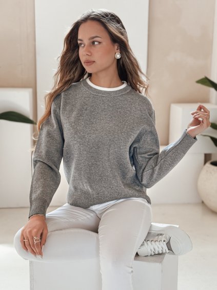 Šedý dámský svetr s kontrastním lemem DARMILA