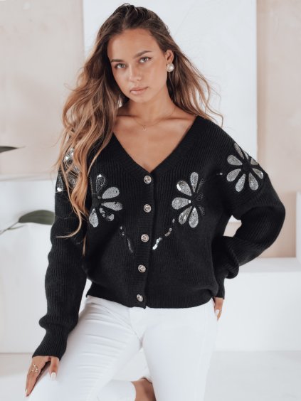 Černý dámský svetr KERINDA s flitrovanými květinovými aplikacemi