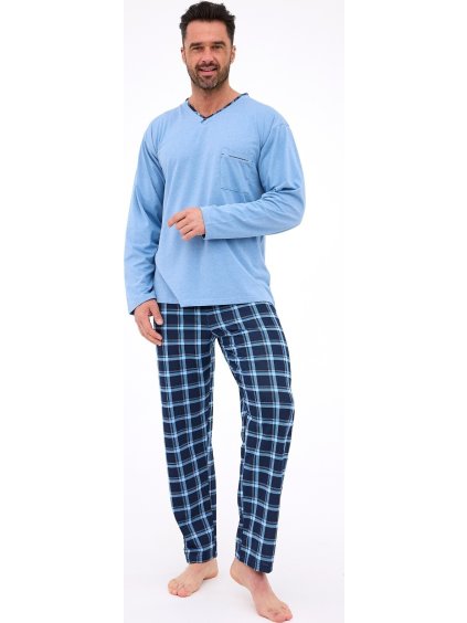 Cornette Modré pánské dlouhé pyžamo s károvanými kalhotami